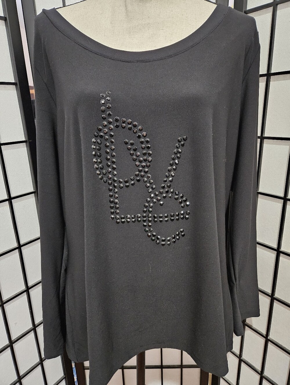 INC Woman 1X Black Love Rhinestone Embellished Longsleeve Top